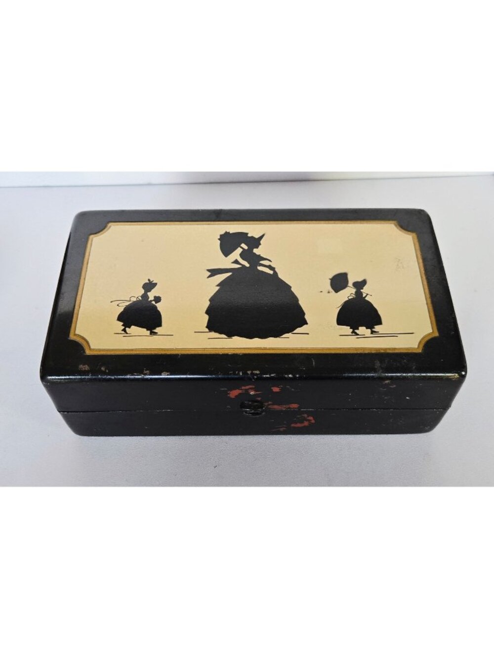 Vintage McDonough Sewing Box Black Tin Box Silhouette Artwork Folding Storage